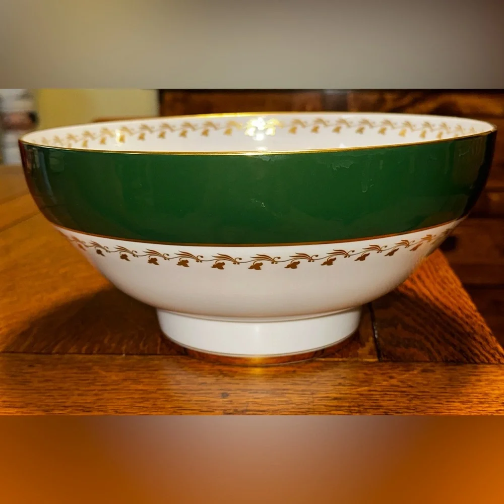 Vintage Spode Bone China England Large Green & White Bowl Pink Rose Strawberries